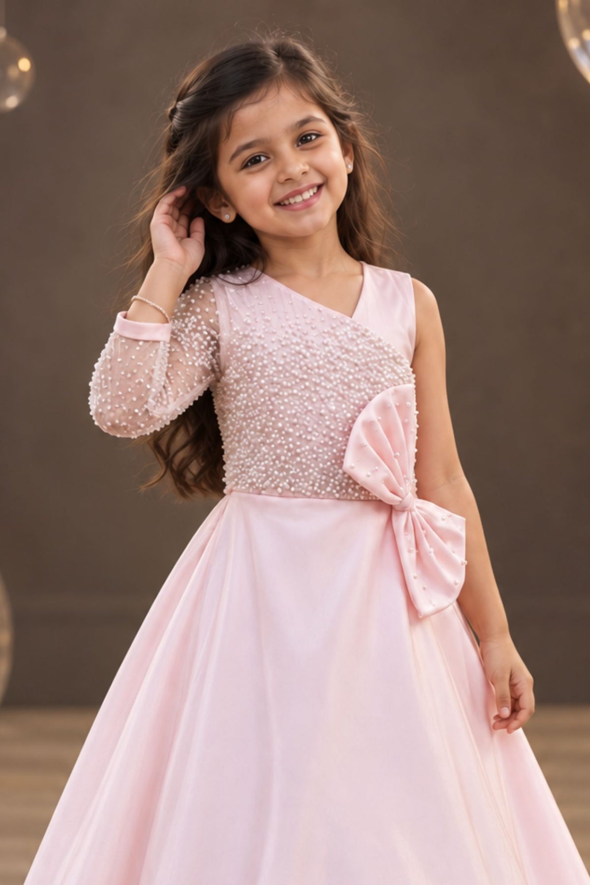 Designer Baby Pink One-Shoulder Pearl Embellished Party Gown