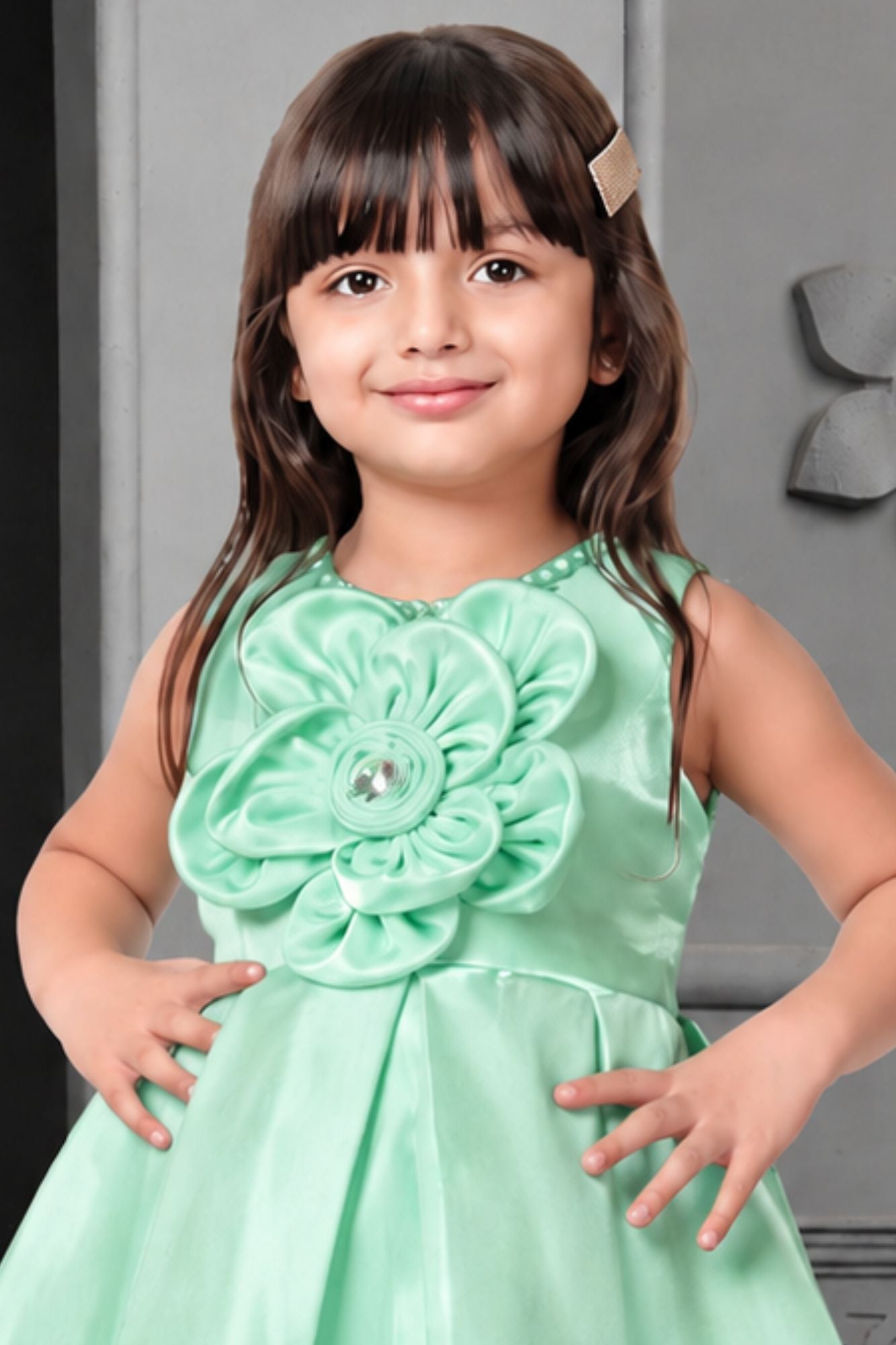 Pista Green Satin High Low Frock With Flower Embellishment