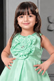 Pista Green Satin High Low Frock With Flower Embellishment