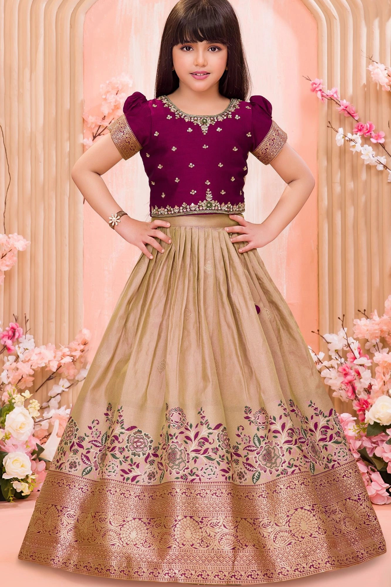 Wine & Beige Silk  Pattu Pavadai with Puff Sleeves For Girls