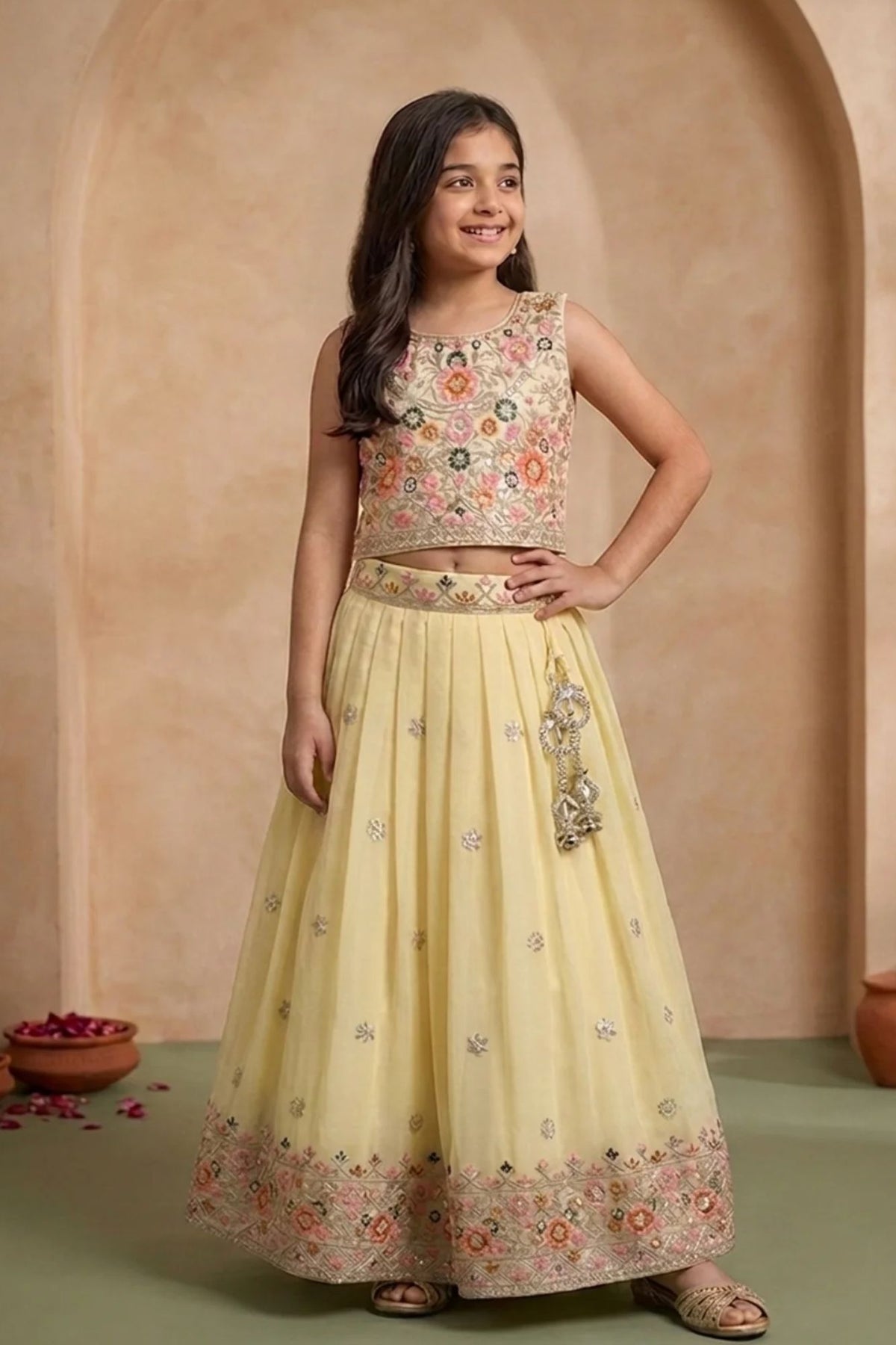 Girls Cream Embroidered Lehenga Choli Set with Dupatta