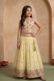 Girls Cream Embroidered Lehenga Choli Set with Dupatta