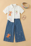 Girls White Printed Shirt with Denim Wide-Leg Pants Set