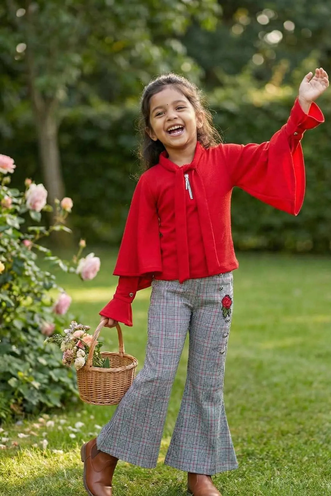 Red Bell-Sleeve Top & Checked Pants Set For Girls