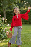 Red Bell-Sleeve Top & Checked Pants Set For Girls