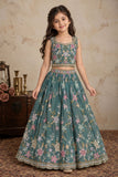 Girls Blue With Multicolor Floral Sequin Embellished Lehenga Choli Set