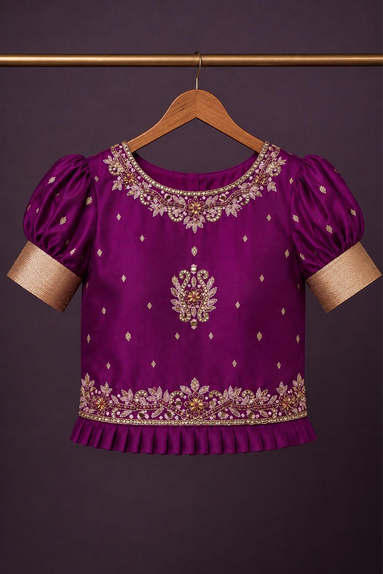 Wine & Blush Pink Pattu Pavadai with Puff Sleeves For Girls
