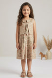 Girls Beige Floral Printed Dress with Embroidered Layered Panel
