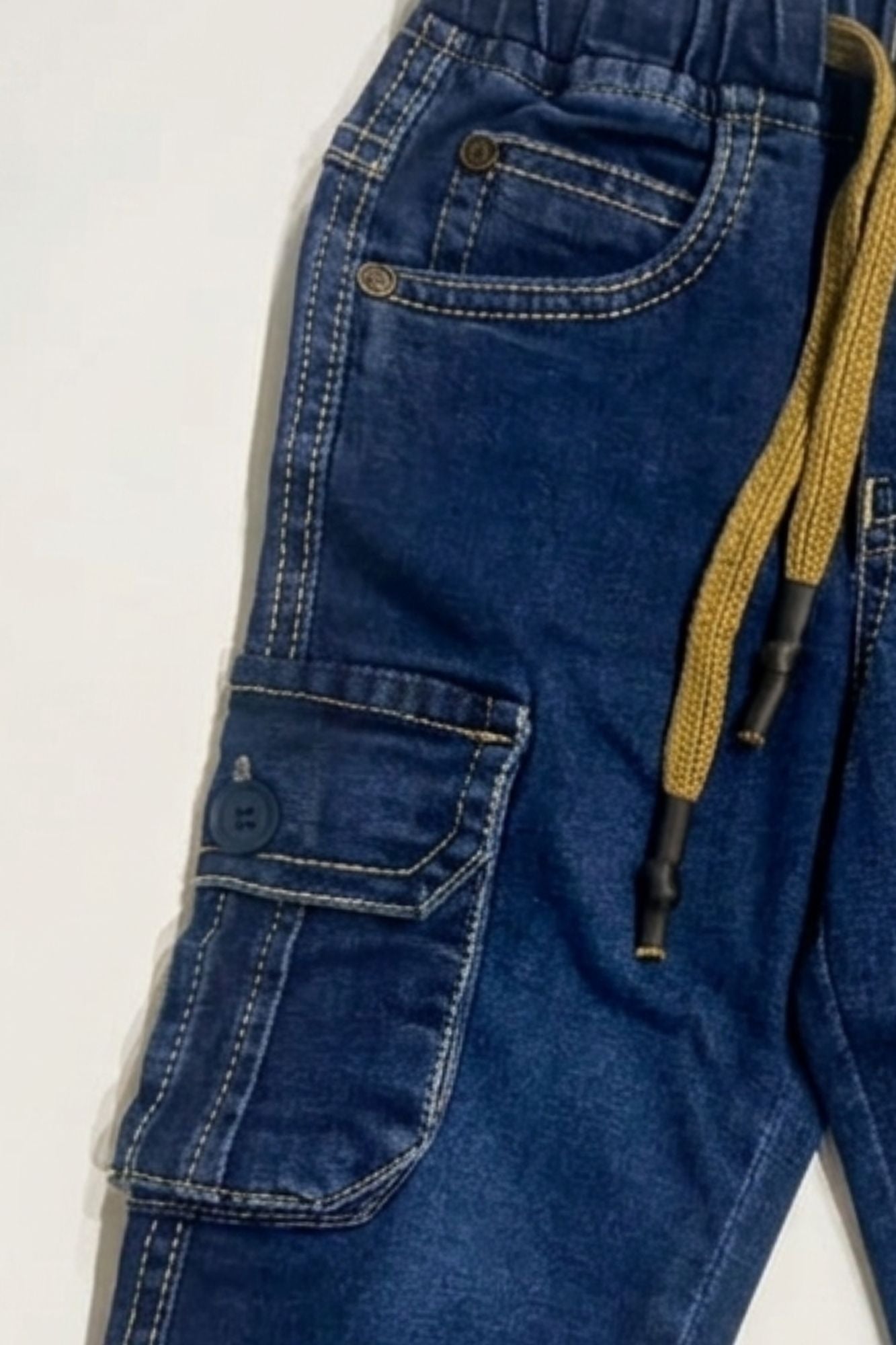 Blue Denim Cargo Jeans with Drawstring Waist