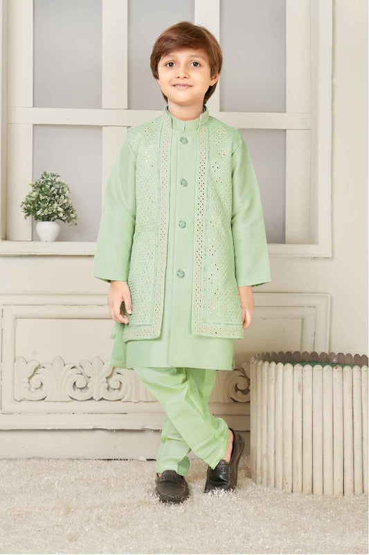 Pista Green Kurta Set And Open Jacket With Embroidery Work For Boys