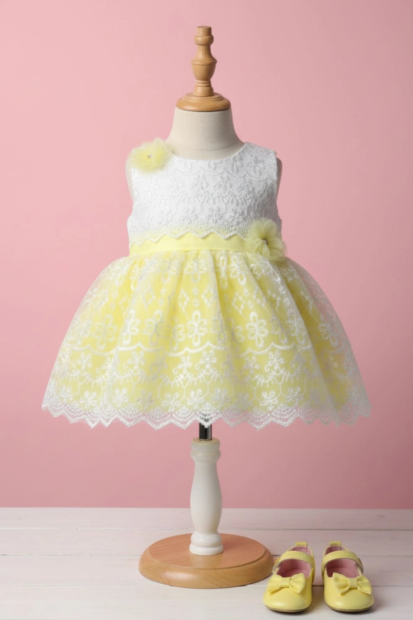 Yellow & White Embroidered Party Frock with Floral Appliqué For Girls