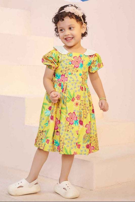 Stylish Yellow Casual Printed Frock For Girls