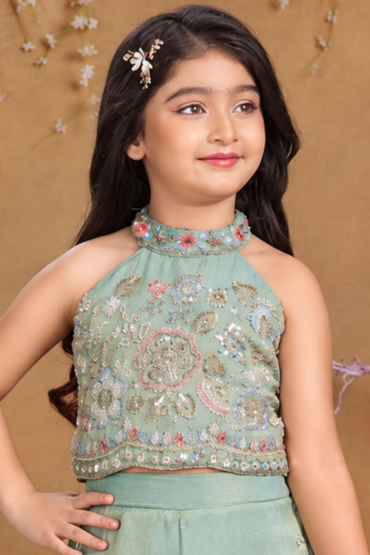 Girls Elegant Pista Green Floral Embroidered Palazzo Set