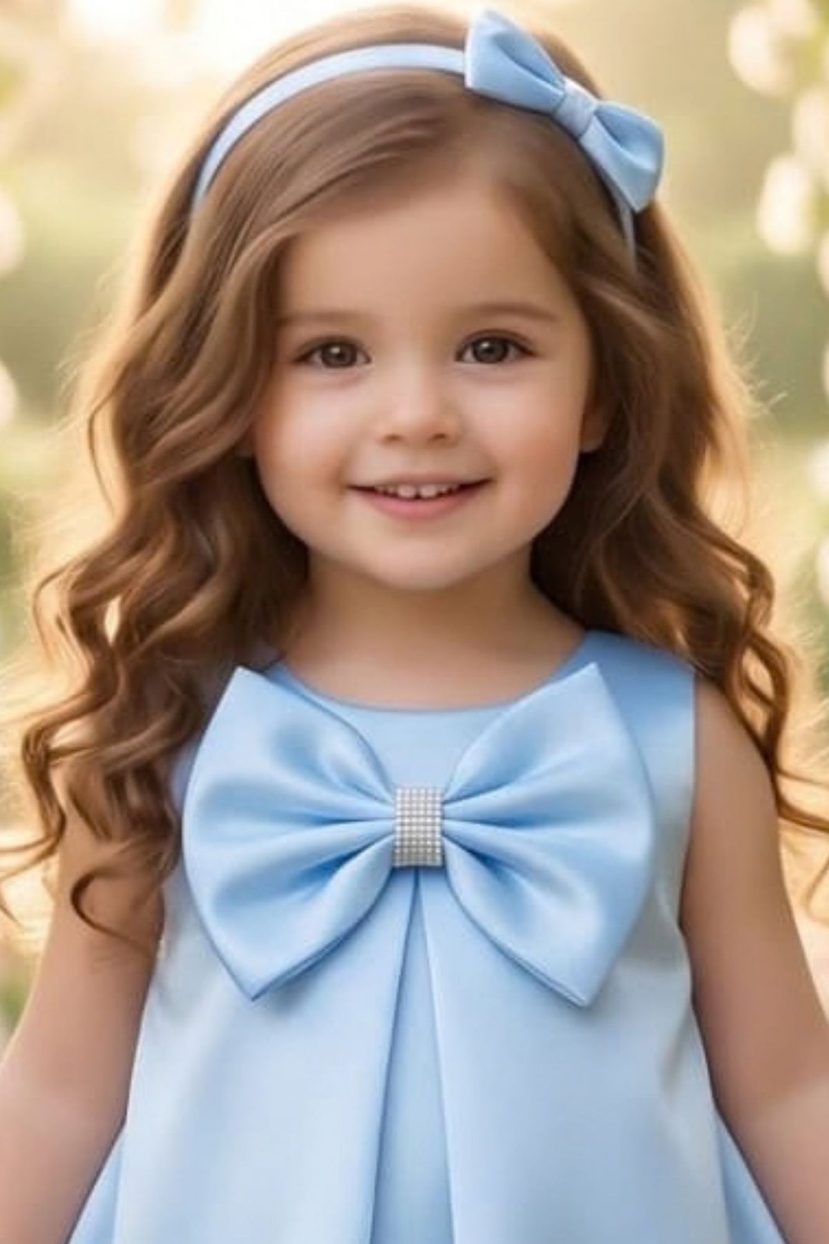 Girls Blue Bow And Floral Applique Party Wear Frock