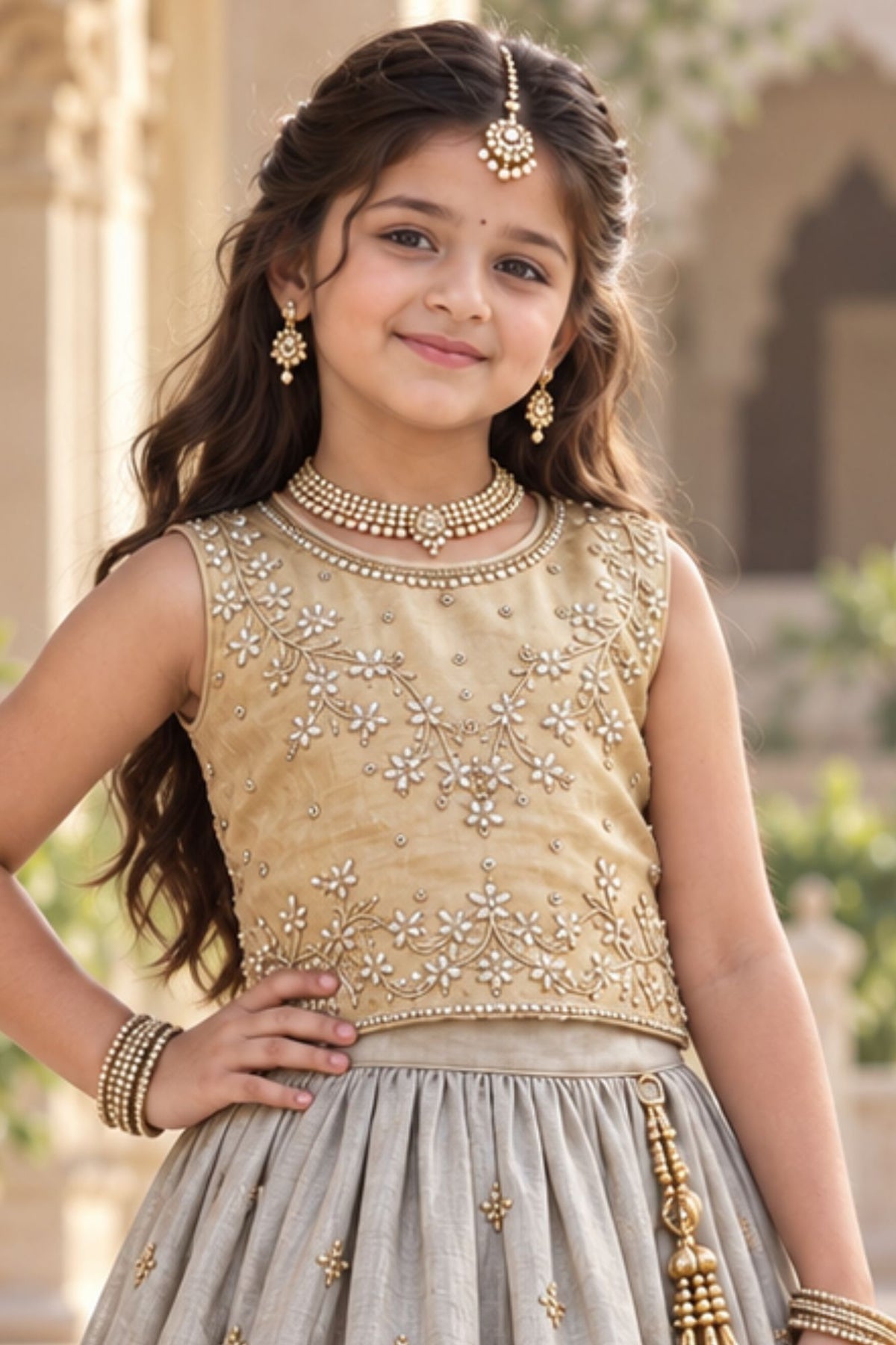 Girls Champagne Gold Floral Embroidered Lehenga Choli Set