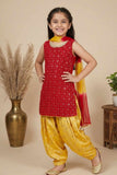Red & Yellow Seqiuns Embroidered Patiala Set with Dupatta For Girls