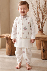 Boys Elegant White Sequin Embellished Geometric Embroidered Dhoti Set with Nehru Jacket
