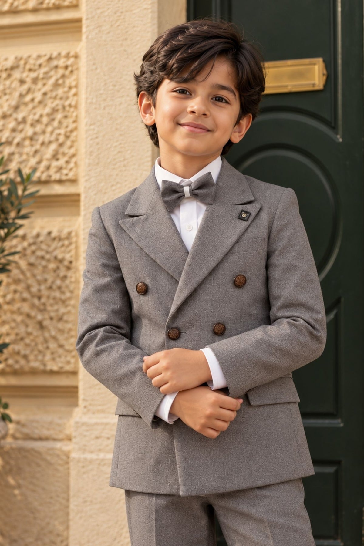 Boys Grey Coat Suit Set with Bow Tie