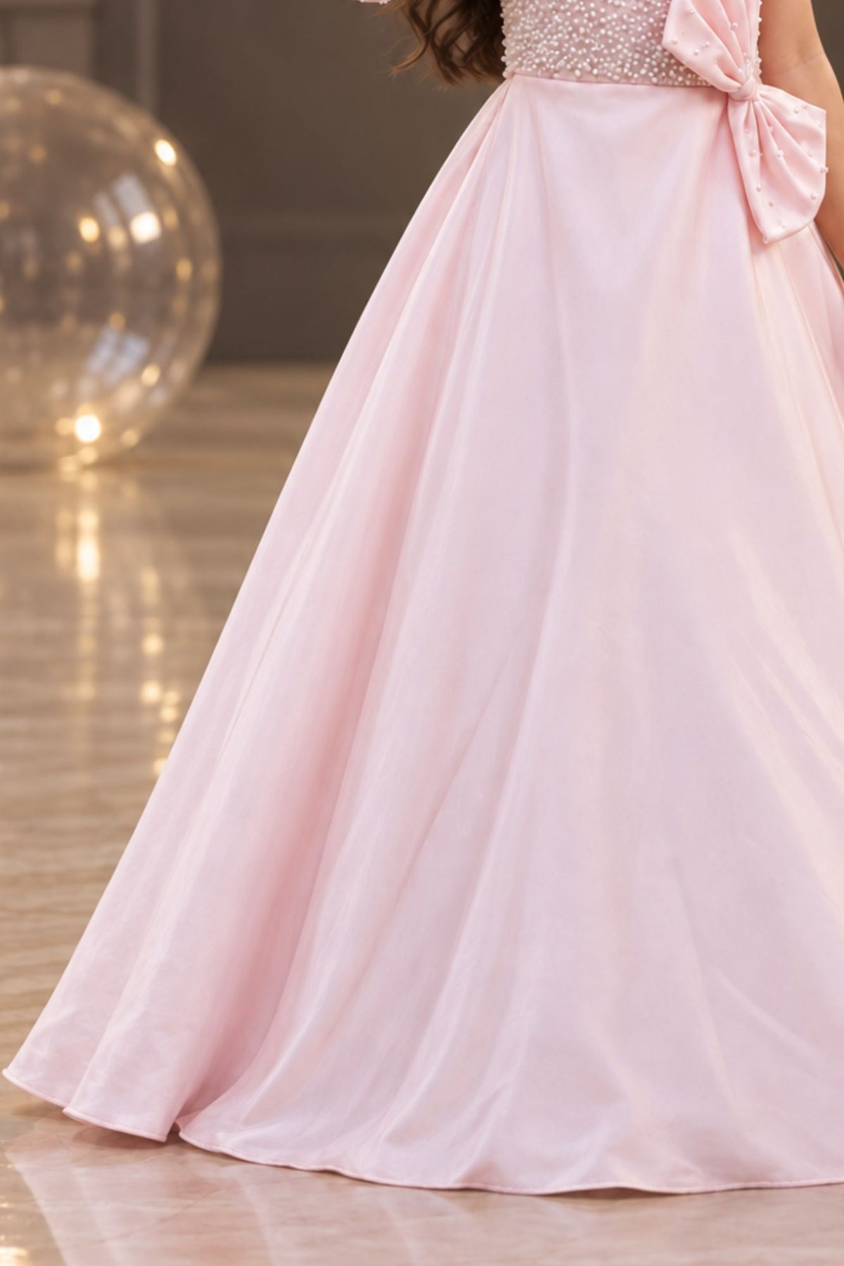 Designer Baby Pink One-Shoulder Pearl Embellished Party Gown