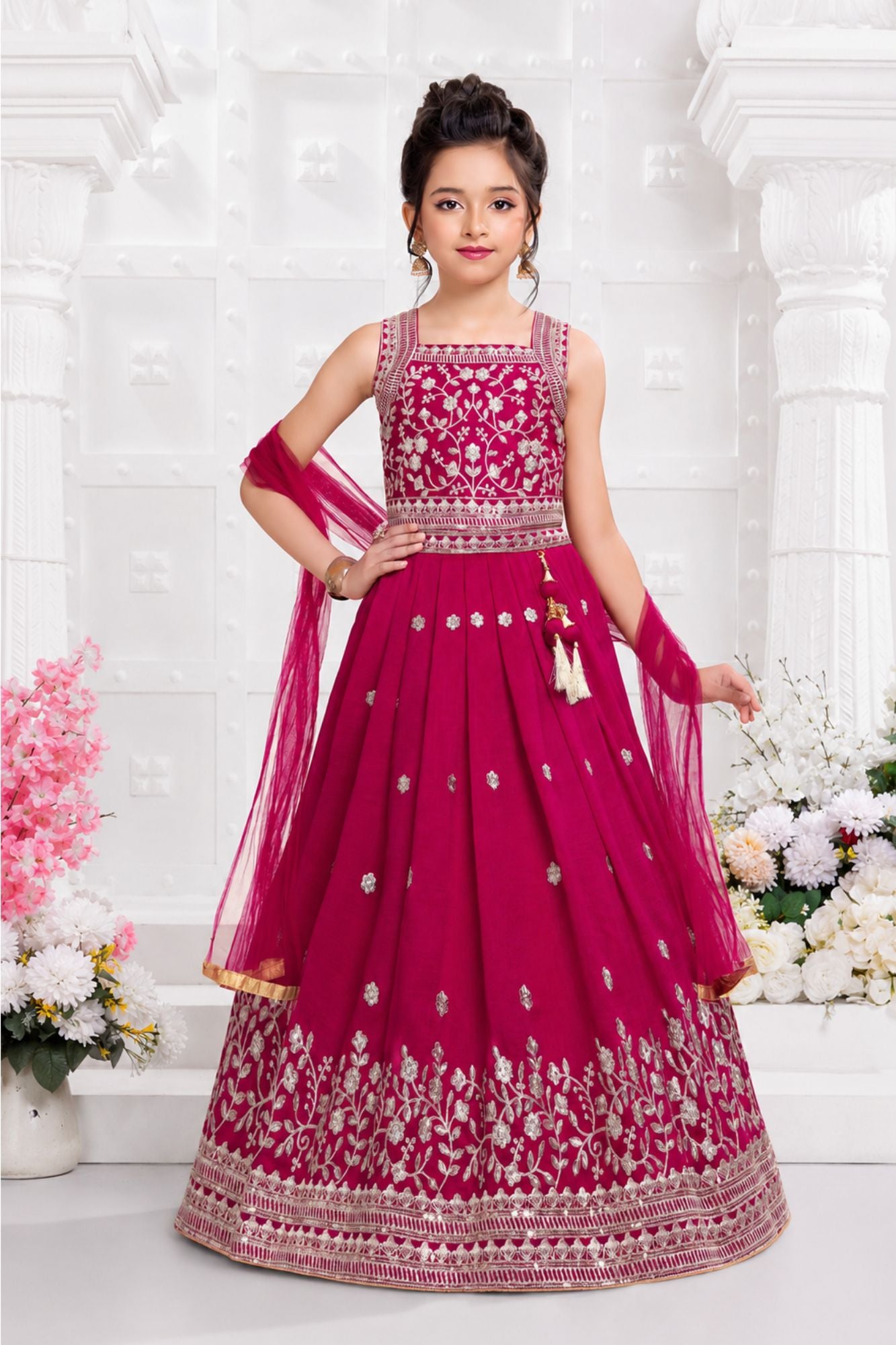 Girls Rani Pink Floral Zari Embroidered Lehenga Choli Set With Dupatta