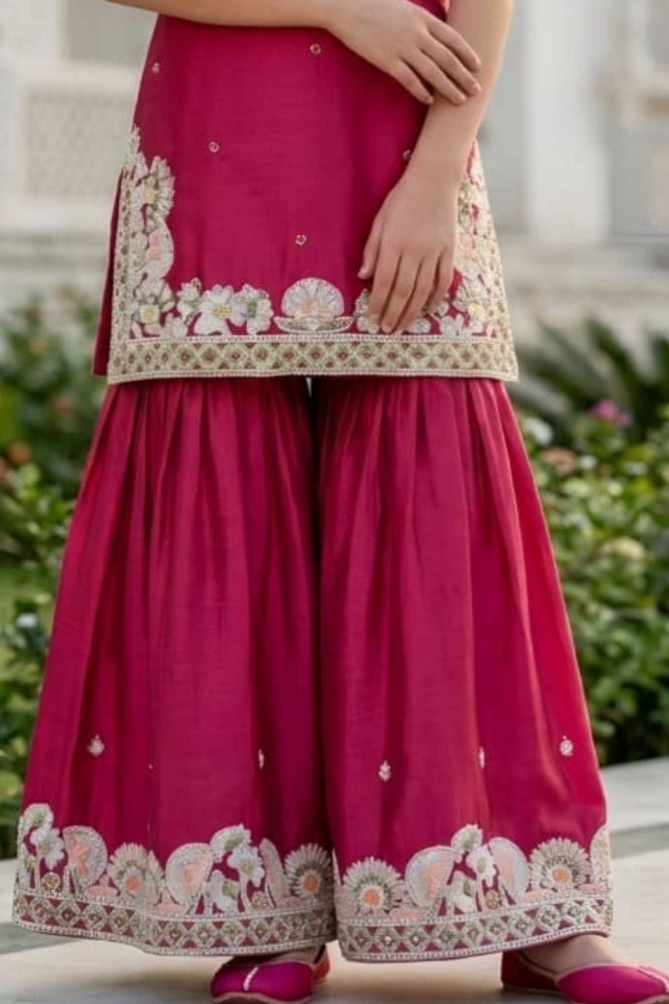 Girls Rani Pink Embroidered Sharara Set With Dupatta