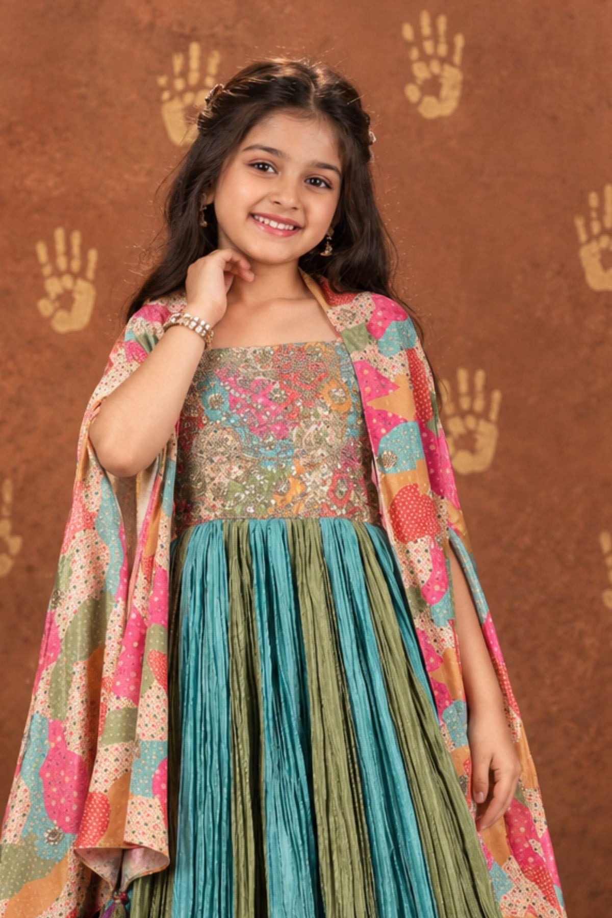 Multicolor Printed And Sequin Embroidery With Overcoat Gown For Girls