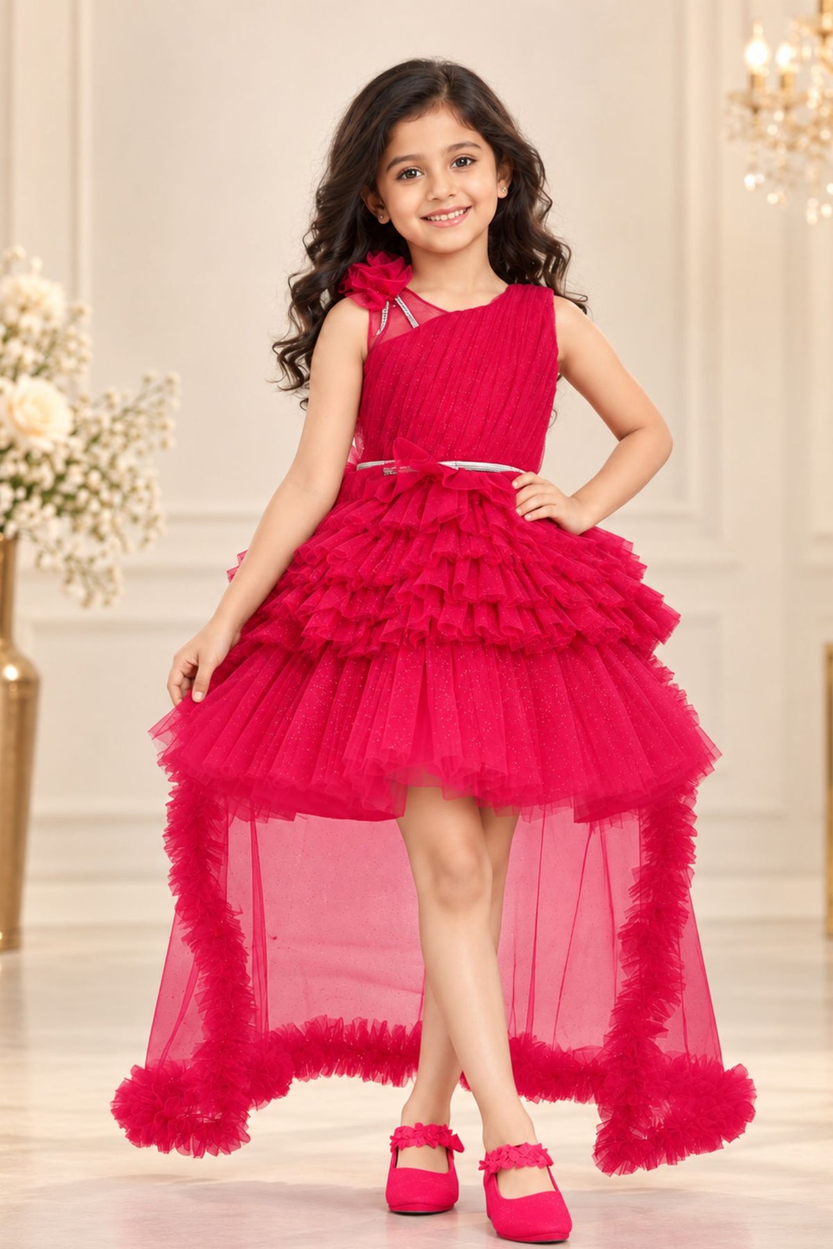 Bold Rani Pink Layered High-Low Partywear Frock For Girls