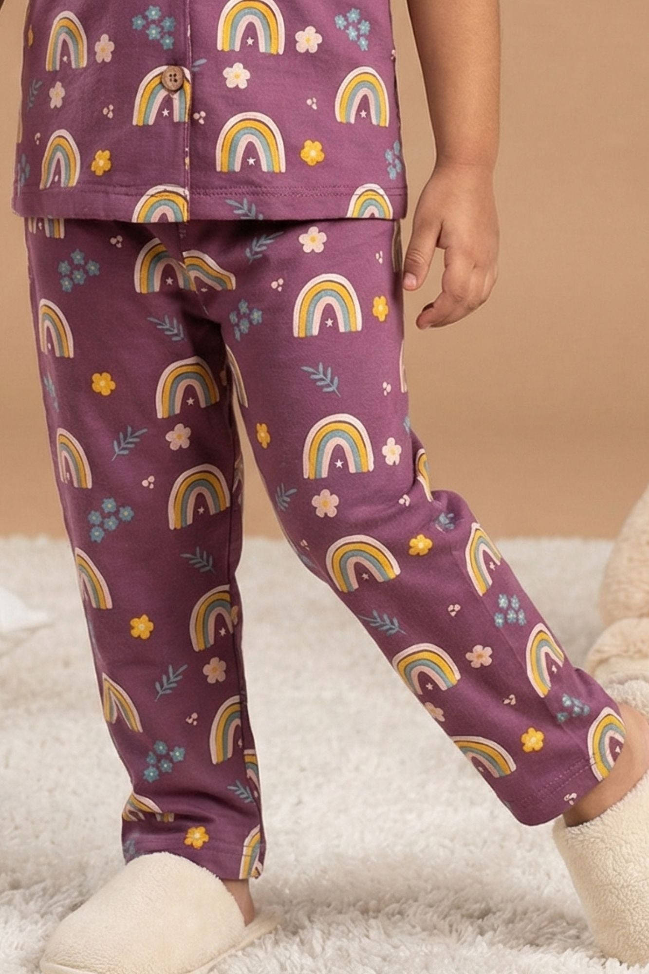 Purple Rainbow Print Night Suit Set For Girls