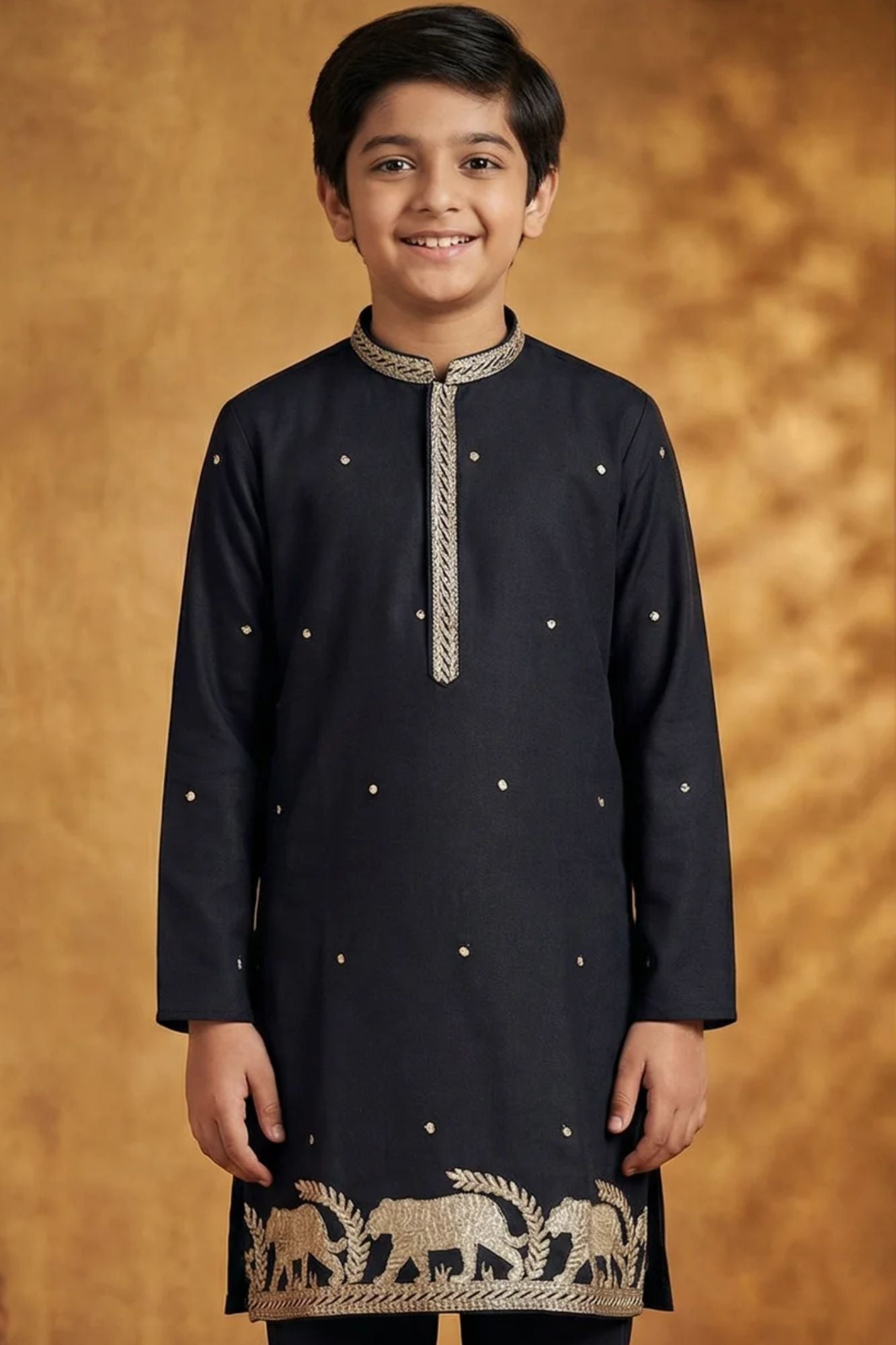 Boys Black Kurta Pajama Set With Golden Zari Embroidery And Shawl