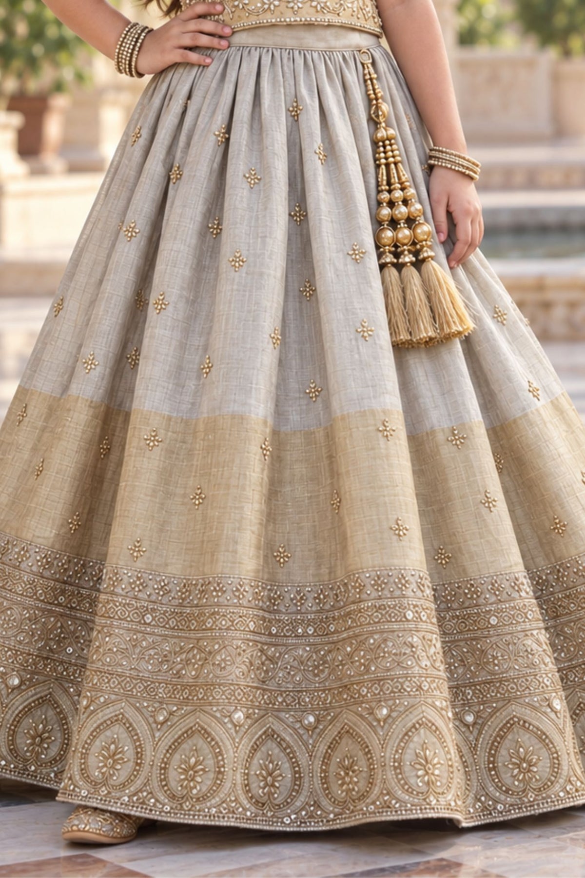 Girls Champagne Gold Floral Embroidered Lehenga Choli Set