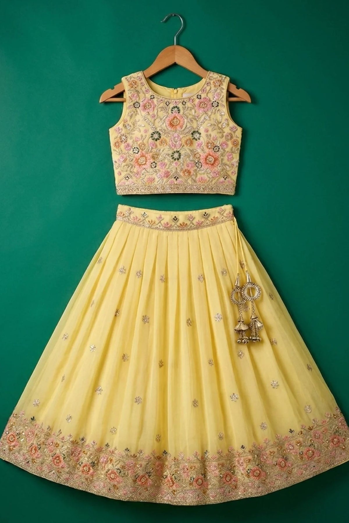 Girls Cream Embroidered Lehenga Choli Set with Dupatta
