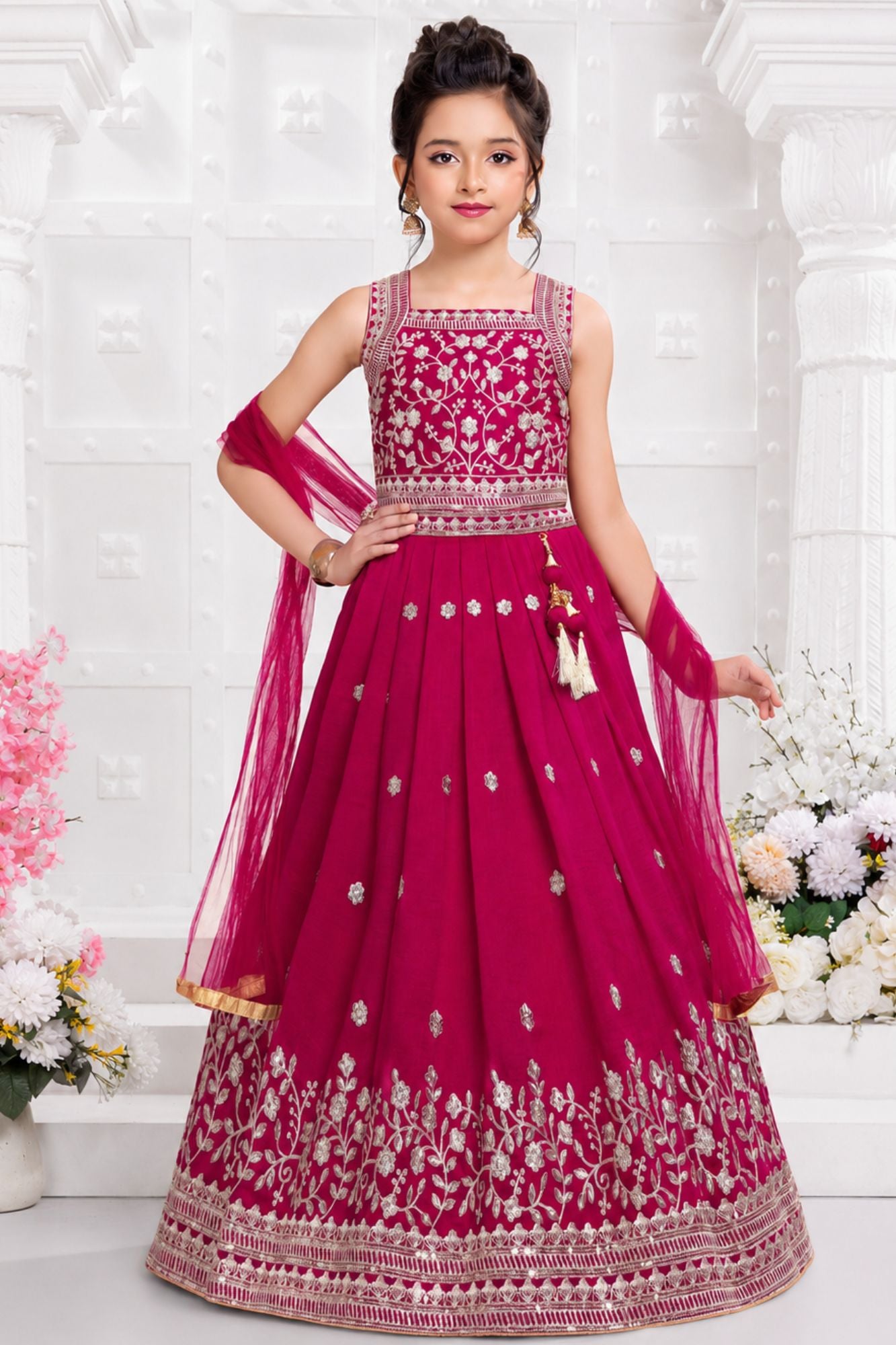 Girls Rani Pink Floral Zari Embroidered Lehenga Choli Set With Dupatta