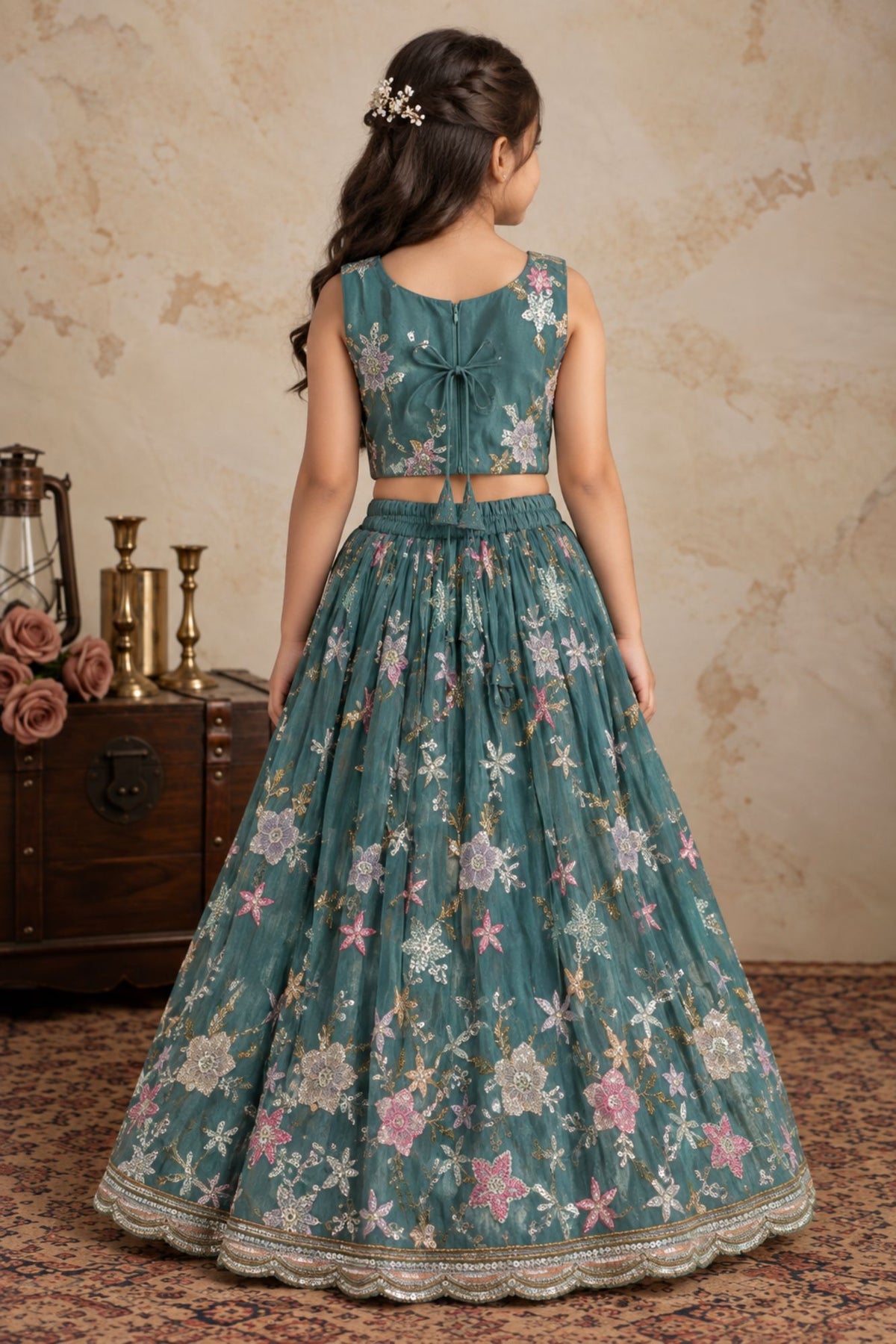 Girls Blue With Multicolor Floral Sequin Embellished Lehenga Choli Set