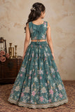 Girls Blue With Multicolor Floral Sequin Embellished Lehenga Choli Set