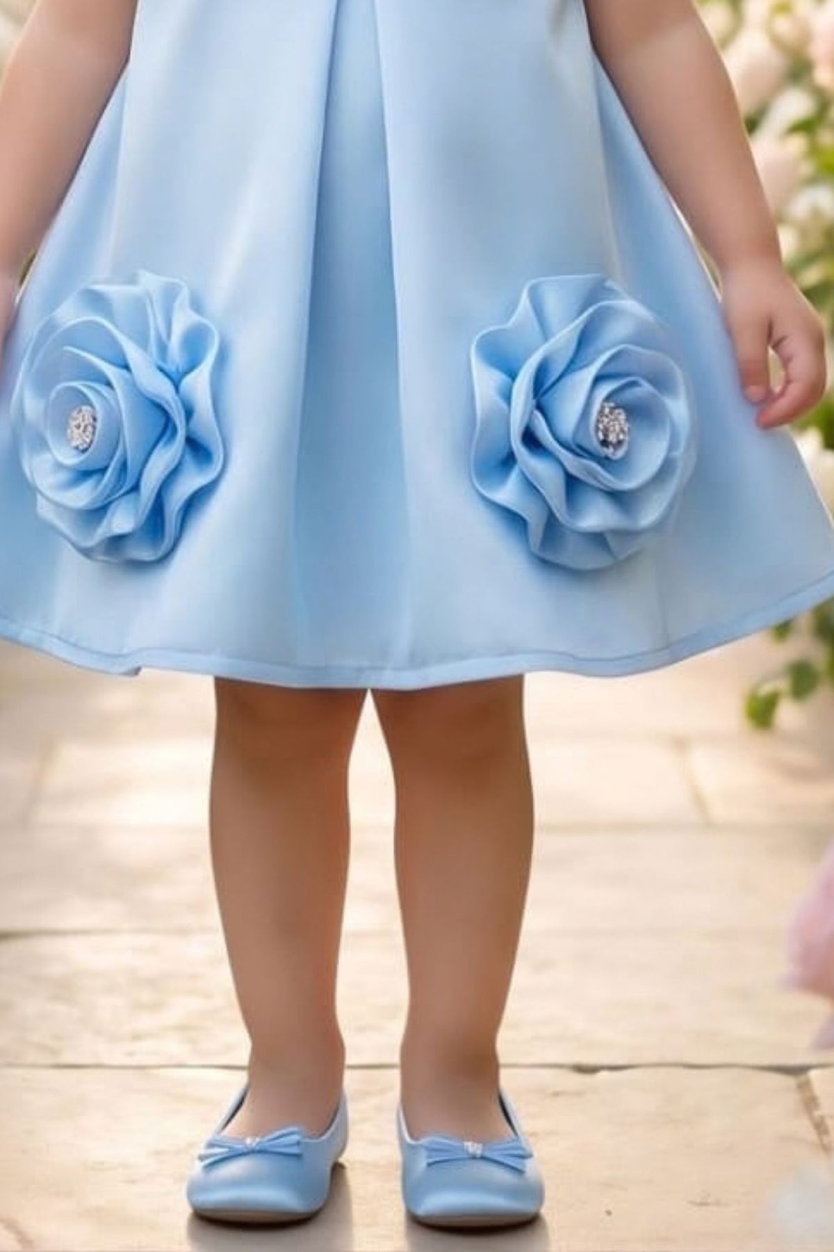 Girls Blue Bow And Floral Applique Party Wear Frock