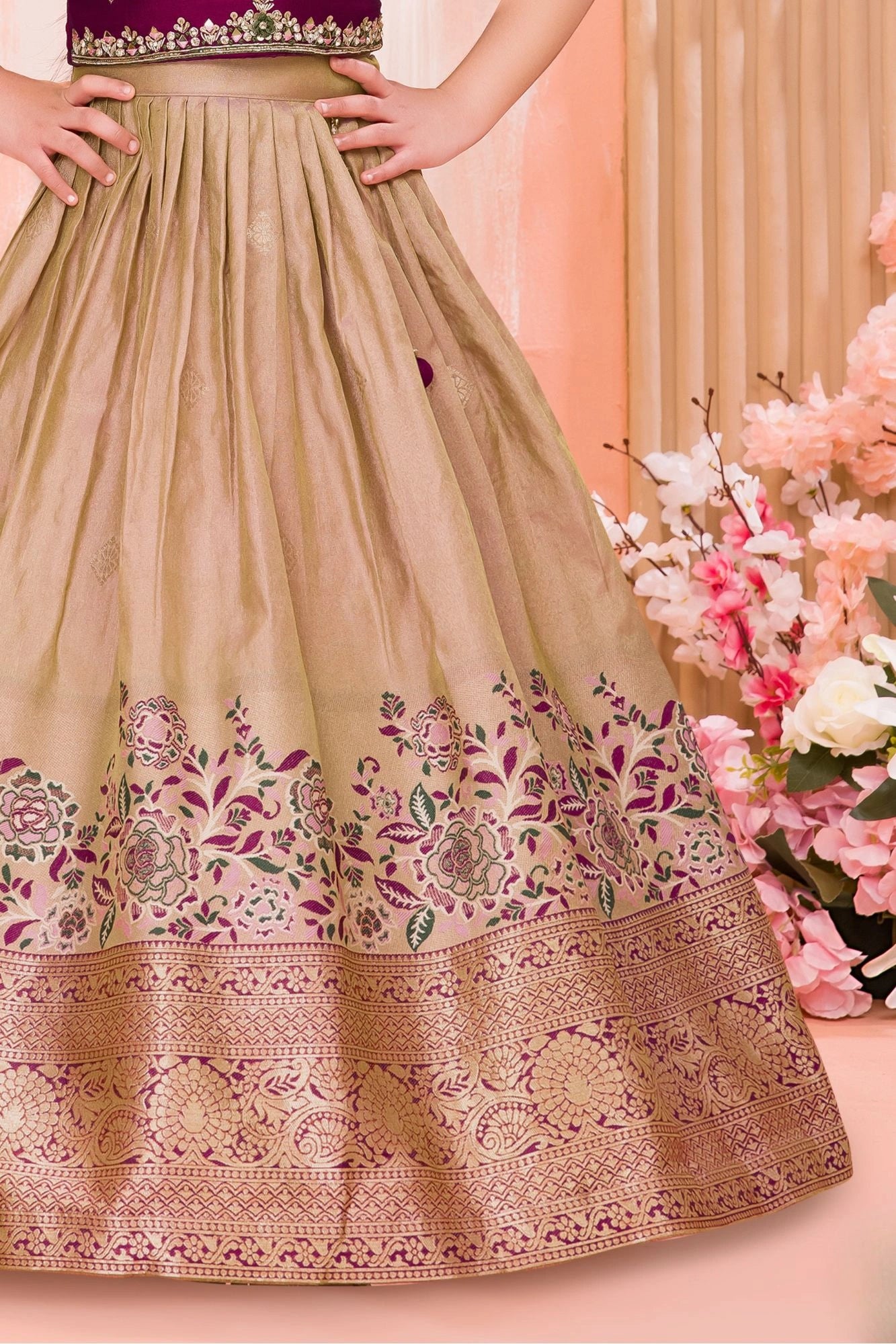 Wine & Beige Silk  Pattu Pavadai with Puff Sleeves For Girls