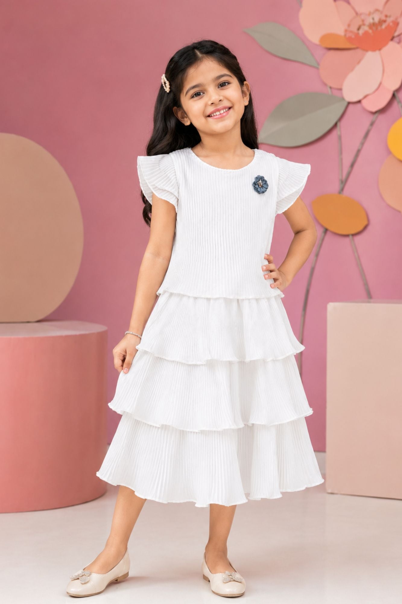 White Pleated Tiered Party Wear Frock