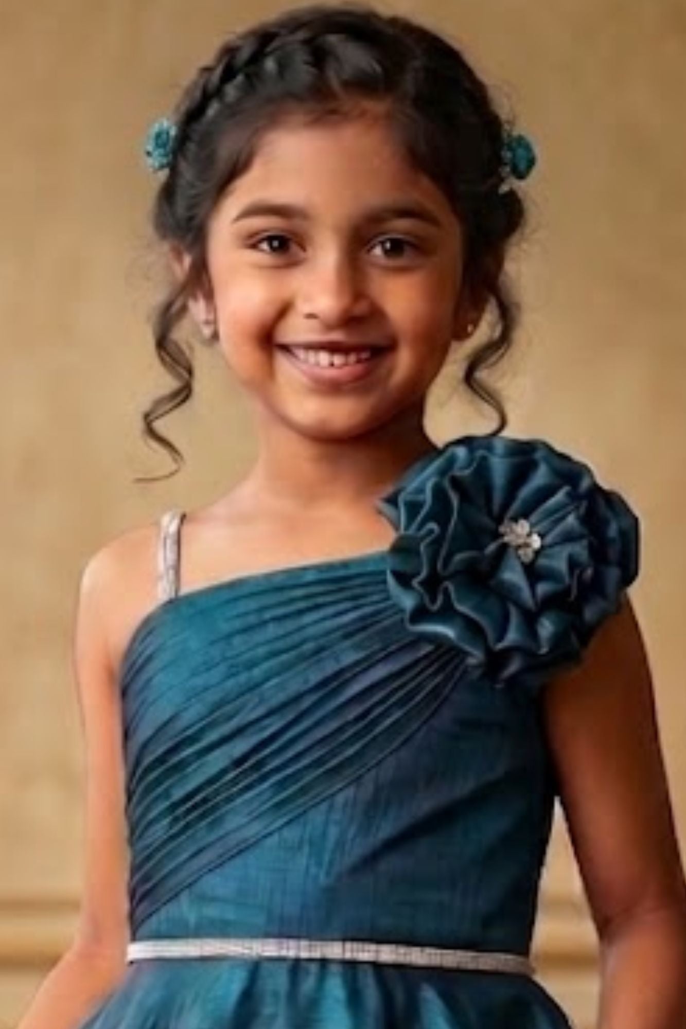 Girls Teal Blue One-Shoulder Party Gown with Floral Applique