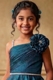 Girls Teal Blue One-Shoulder Party Gown with Floral Applique
