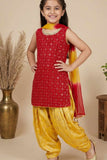 Red & Yellow Seqiuns Embroidered Patiala Set with Dupatta For Girls