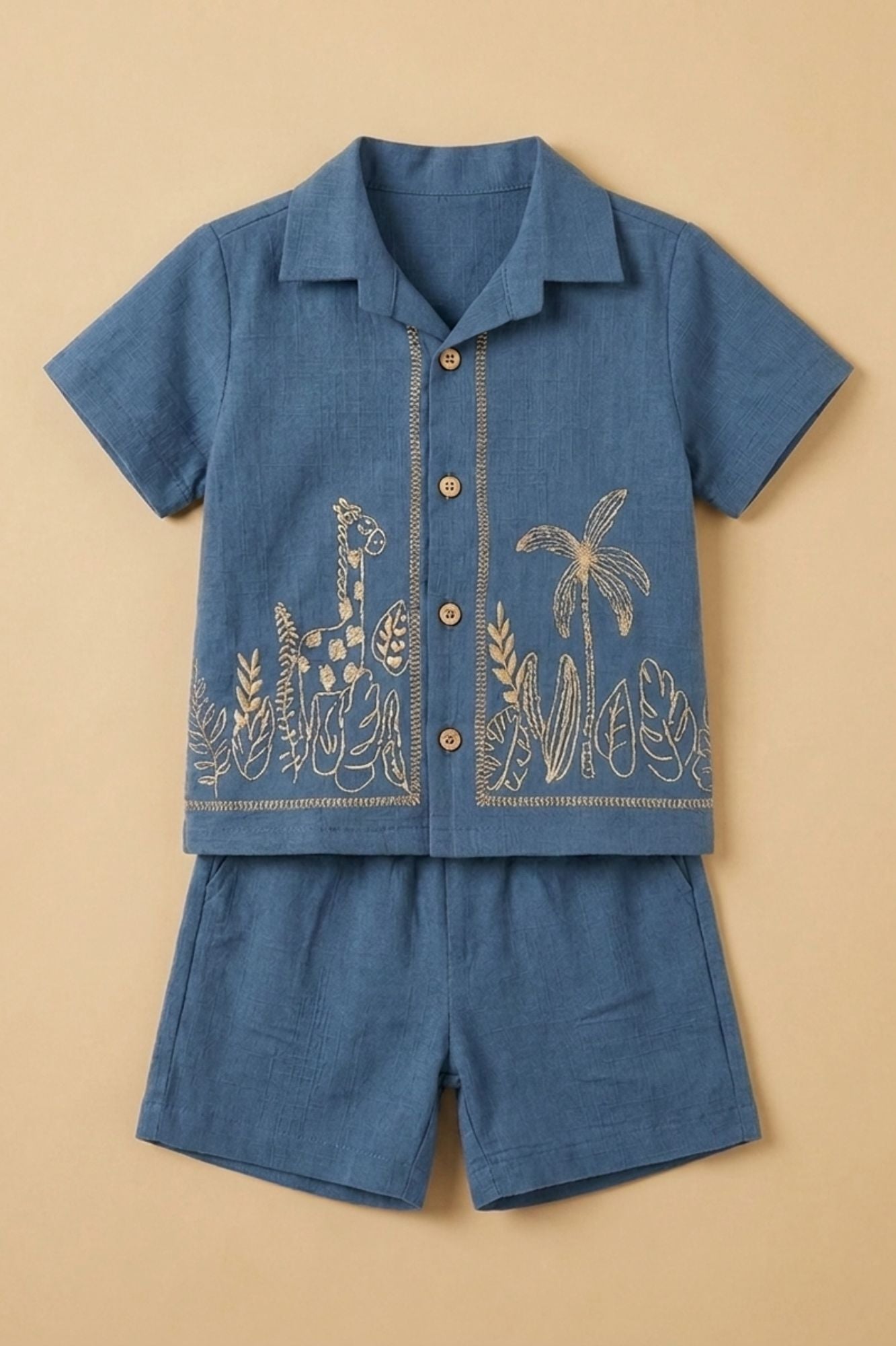 Boys Navy Blue Tropical Embroidered Shorts Set with Collared Shirt