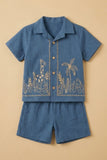 Boys Navy Blue Tropical Embroidered Shorts Set with Collared Shirt