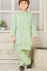 Pista Green Kurta Set And Open Jacket With Embroidery Work For Boys