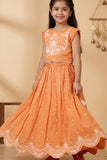 Bright Orange Embroidered Lehenga Choli Set For Girls