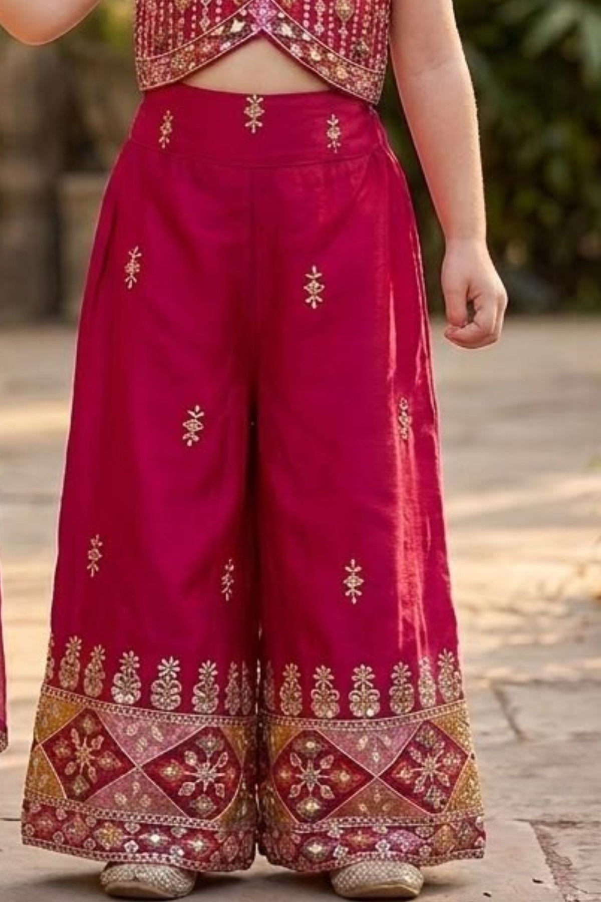 Girls Rani Pink Embroidered Palazzo Set With Dupatta