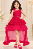 Bold Rani Pink Layered High-Low Partywear Frock For Girls