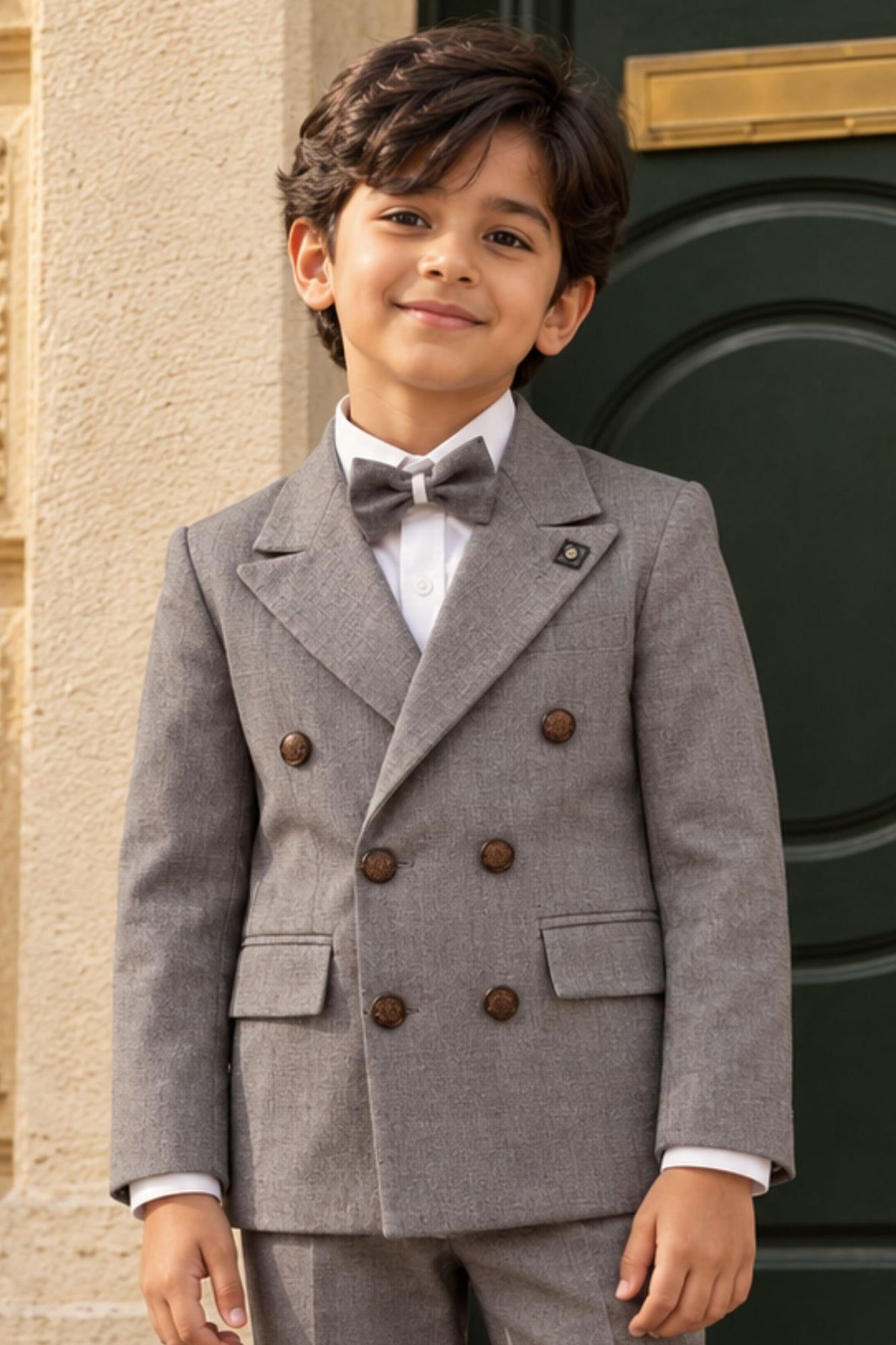 Boys Grey Coat Suit Set with Bow Tie