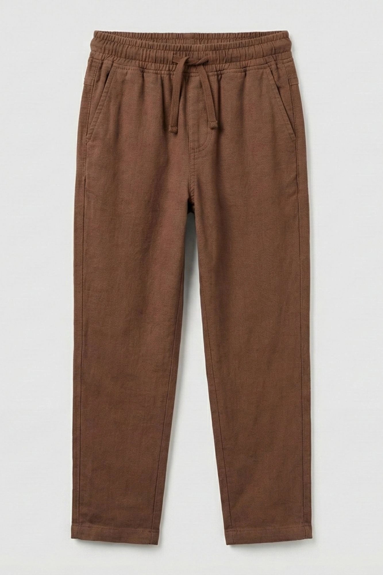 Brown Linen Straight-Fit Pants with Elastic Waist For Boys