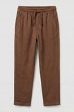 Brown Linen Straight-Fit Pants with Elastic Waist For Boys