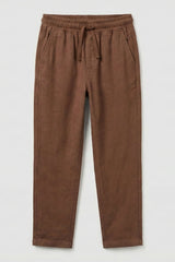 Brown Linen Straight-Fit Pants with Elastic Waist For Boys